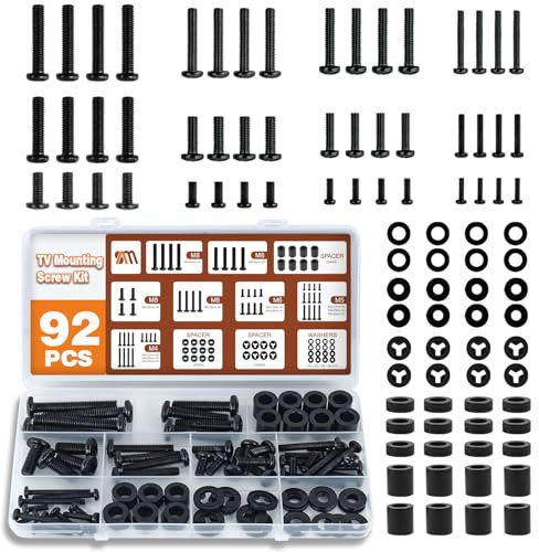 92PCS Universal TV Mounting Hardware Screw Kit Set - M4 M5 M6 M8 Screws, Spacers and Washers for Most TV/Monitor VESA Mount, TV Mount Replacement Screws with Box up to 80, Black