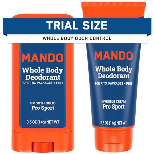 Mando Whole Body Deodorant For Men - Mini Travel-Sized Invisible Cream and Solid Stick - 72-Hour Odor Control - Aluminum-Free, Baking Soda-Free - 0.5 ounce Tube and 0.5 ounce Stick - Pro Sport Scent