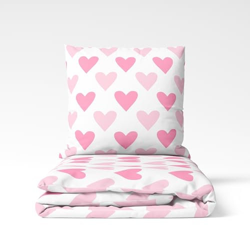 MTOnlinehandel Herzen Ropa de cama de franela de 135 x 200 cm, diseño de corazones en rosa rosa, ropa de cama de invierno para niña, 1 funda de almohada de 80 x 80 cm + funda nórdica de 135 x 200 cm,
