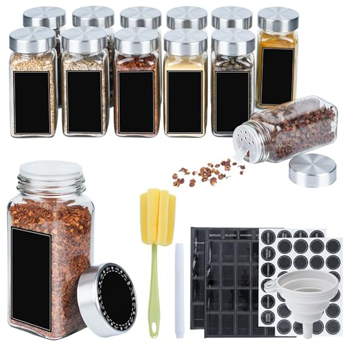 YUENFONG Kryddburkar fyrkantiga set om 24, kryddburkar med lock i rostfritt stål 120 ml kryddströare kryddbehållare inkl. etiketter och silikontratt ströinsats, kryddorganisatör