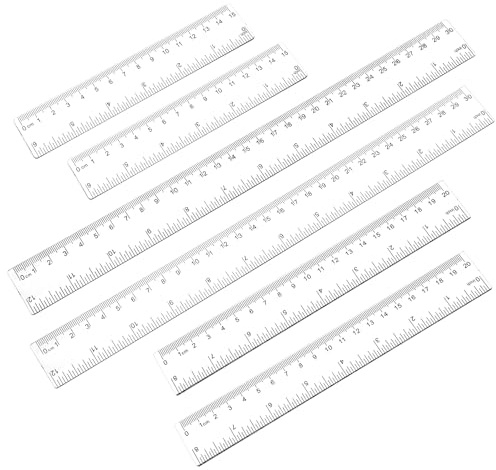 6 st genomskinliga plastlinjaler med centimeter och tum, transparent flexibel precisionslinjal, mätverktyg, plast, genomskinliga okrossbara linjaler för skola, kontor och hem (15/20/30 cm)