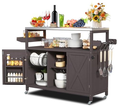 AeasyG Outdoor Kücheninsel, Edelstahl Arbeitsplatte Outdoor Grillwagen, massivholzroller Tischwagen mit Abstellschrank, Gewürz und Handtuchhalter,