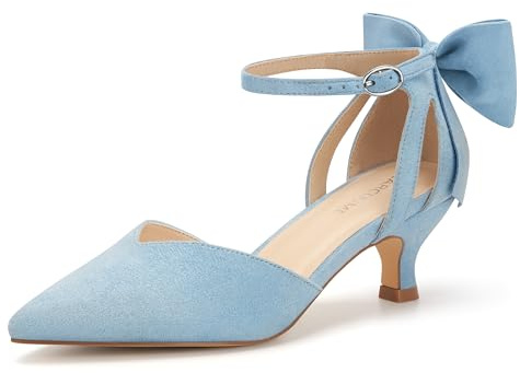 Carcuume Women's Kitten Heels with Bow Closed Toe Sandals Ankle Strap Wedding Pump Shoes, Light Blue, 7 UK