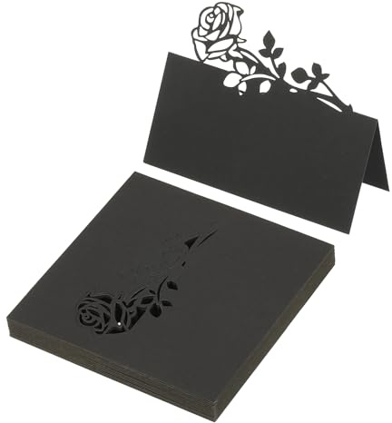 PATIKIL 50Pz Segnaposto per Matrimonio, Cartellini Segnaposto Comunione Eleganti Forma Rosa Tagliati Laser Pieghevoli Tenda Biglietti Nomi per Tavola Buffet Ricevimento, Nero