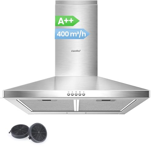 COMFEE' CH60A17EM400B-EU A++ Hotte Aspirante 60 cm à Recirculation et Évacuation d'air avec Filtre à Charbon Actif, Débit d'air de 400 m³/h, Filtre à Graisse Lavable, Cheminée Réglable, Argenté