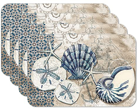 CounterArt Tide Pool Shells Reversible Easy Care Flexible Plastic Placemats 4 Pack Made in The USA BPA Free Easily Wipes Clean (Tide Pool Shells)