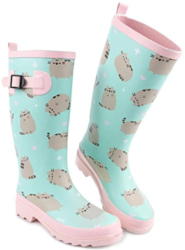 Pusheen The Cat Wellies Mujer | Damas Rosa Menta Verde Dibujos animados Cat Hearts Wellington Boots | Zapatos para caminar resistentes al agua Regalos