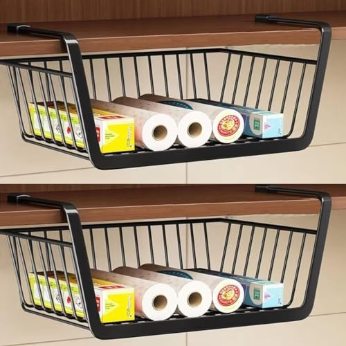 Tielag Cesta de almacenamiento para estante inferior, 2 unidades, cesta colgante de metal, estante inferior, cesta para colgar debajo del armario, cesta de almacenamiento para colgar armario de