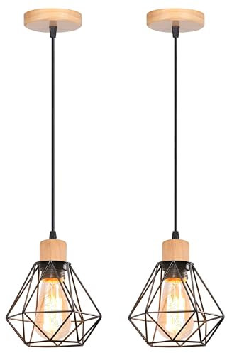 iDEGU 2 Piezas Lámpara Colgante Vintage Industrial Iluminación Colgante de Madera Metal E27 Retro Pantalla Diseño Jaula 16cm Luz Colgante Lámpara de Techo para Dormitorio Salón Pasillo Cocina (Negro)