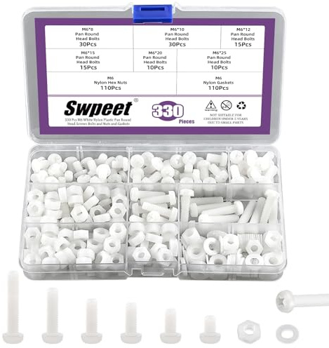 Swpeet 330 Tornillos De Cabeza Redonda De Nailón Blanco M6 Phillips Con Tuercas Hexagonales Y Juntas, Kit De Tornillos De Máquina De Plástico De Nailón, 6 Tamaños (8/10/12/15/20/25 mm)