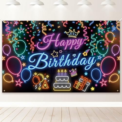 PartyYaa Decorazioni Striscione Compleanno, Striscione Sfondo Happy Birthday per Bambini, Decorazione Sfondo Cabina Fotografica per Feste Extra Large Poster Cartello per Ragazze Ragazzi (Nero Neon)