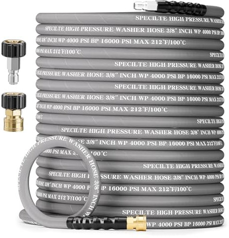 SPECILITE 3/8 Pressure Washer Hose 50FT, Hot and Cold Water Power Washer Hoses Max 212℉, Steel Wire Braised Extension Hose with 2 QC Adapters, Flexible and Kink Resistant, Industrial-grade,4000PSI