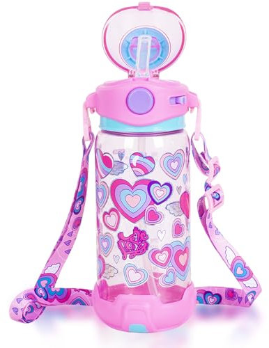 PinkSheep Borraccia per bambini con cannuccia/cordino, 650 ml/27 oz senza BPA, per bambini, con apertura con un clic, a prova di perdite, chiusura flip per scuola, sport, viaggi (cuore)