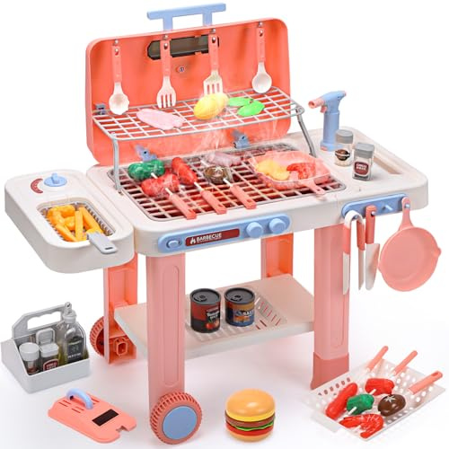 cute stone Barbecue pour Enfants avec Aliments changeant Couleur, Vaporisateur Brume fraîche, Sons et lumières Jeu de Cuisine d'extérieur avec poêle à Frire, sur roulettes pour Un déplacement Facile