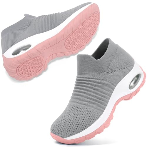 STQ Walking Shoes Women Slip on Sneakers Work Non Slip Tennis Orthopedic Comfortable Arch Support Nursing Plantar Fasciitis Breathable Mesh Fashion Ladies Medium Grey Pink 8