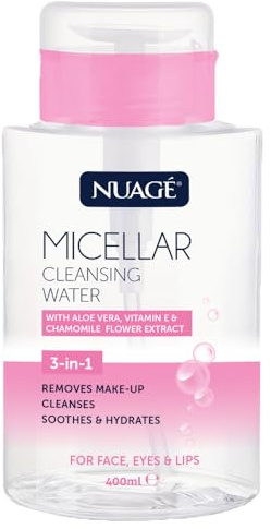 Nuage Micellar Cleansing Water with Aloe Vera, Vitamin E & Chamomile Flower Extract | Gently Removes Makeup, Cleanses, Soothes & Hydrates Skin | For Face, Eyes & Lips (400ml with Pump Dispenser)