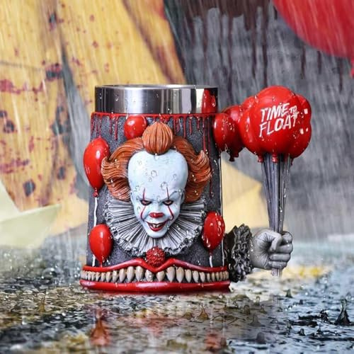 YDZYFFS Coffee Cups - Mug - Wine Glasses, Clown Tankard, Hand-Painted Resin Tea Cup, Horror Movie Merchandise Coffee Mugs, Red Balloons Handle Stainless Steel Mug(Red)