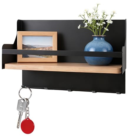 Rylae Porta Chiavi da Parete con Mensola, Appendichiavi da Parete Metallo Legno con 5 Ganci, Porta Chiavi e Lettere da Muro per Casa, Ingresso, Corridoio, Camera, Cucina, Ufficio