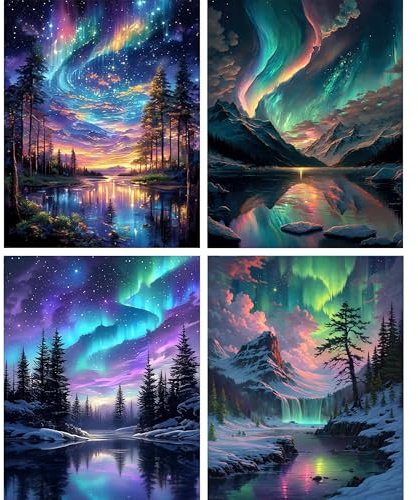 Hongyrjy 4 Pack Paint by Numbers for Adults-Aurora Painting by Numbers for Adults,Canvas Paint by Numbers,Perfect for Gifts and Home Wall Decor 12x16in