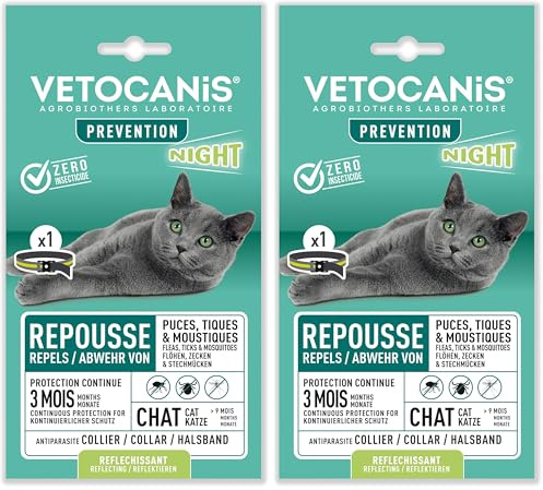 Vetocanis - Collare antiparassitario per gatti notte - Antizecche e antipulci gatto - Efficace 3 mesi - Per gatti di più di 9 mesi - Resistente all'acqua - Formulato sotto controllo veterinario
