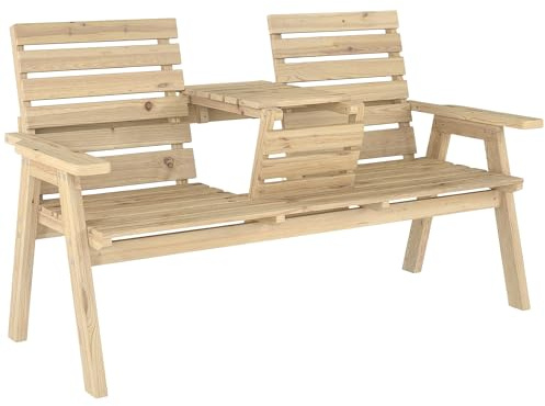 Outsunny Garden Loveseat, 2 Seater Wooden Garden Bench with Convertible Middle Table, Three-Seater Outdoor Bench Seat for Patio, Park, Porch, Natural Wood Finish