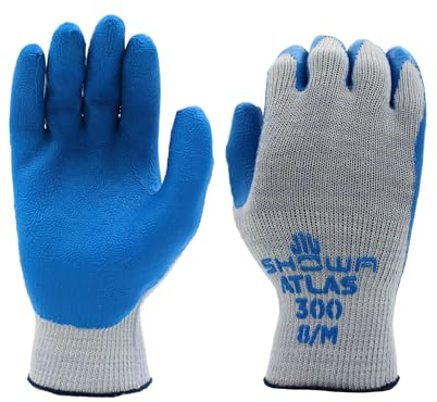 SHOWA Atlas 300 Original 1994 Crinkle Grip Work Gloves, Natural Latex Palm, Heavy Duty 10-Gauge for Construction, Landscaping, Gardening, & Masonry, Blue, Large, 12-Pair