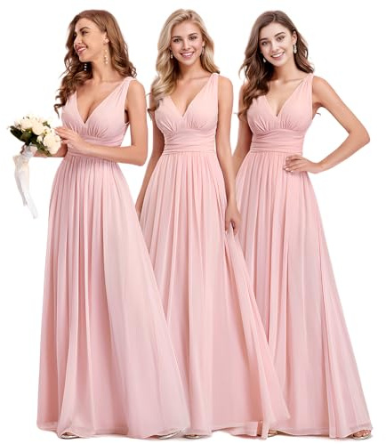 Ever-Pretty A-línea Largo Vestito de Dama de Honor Corte Imperio Cuello en V sin Mangas para Mujer Rosa 42