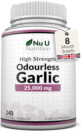 Garlic Capsules 25,000 mg - 240 Softgel Capsules - 8 Month Supply - High Strength Garlic Supplement - Extract from Allium Sativum - 1.5 mg of Allicin - Made in the UK - Nu U Nutrition