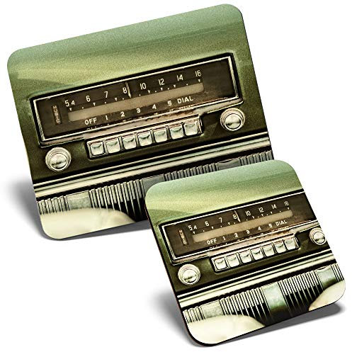 Mouse Mat & Coaster Set - Old Car Radio Vintage Classic 23.5 x 19.6 cm & 9 x 9 cm for Computer & Laptop, Office, Gift, Non-slip Base #21956
