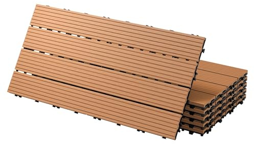ECD Germany WPC Terrassenfliesen 60x30 cm/30 Stück=5m², Hellbraun, geriffelt, Holzoptik, Bodenbelag mit Klicksystem und Drainage, Terrassendielen Balkonfliesen, Klickfliesen für Terrasse Garten Balkon