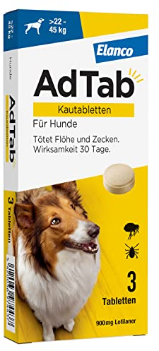 AdTab Hunde Zecken- und Flohschutz (über 22 bis 45 kg), Kautablette tötet Zecken und Flöhe schnell ab und schützt einen Monat lang, leicht zu verabreichen (3 St. pro Packung)