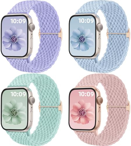 Mastten 4-pack Solo Loop flätade remmar kompatibla med Apple Watch-remmar 40 mm 41 mm 38 mm 42 mm 44 mm 45 mm 46 mm 49 mm kvinnor män, stretchig rem elastiskt sportband för iWatch SE 10 9 8 7 6 5 4 3