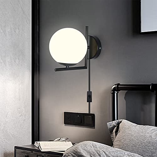 Chao Zan Vägglampa vintage med kontakt, opalglas lampskärm vägglampa med strömbrytare, väggspot retro E27 inomhus för vardagsrum sovrum lanthus, utan belysningsmedel (svart)