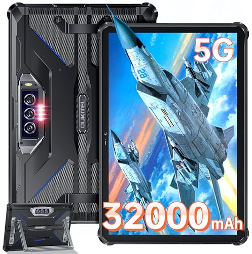 OUKITEL RT7 5G Rugged Tablet, 24GB RAM+256GB ROM 1TB Expandable Waterproof Tablet, 10.1 Inch FHD+, 32000mAh Battery, 33W Fast Charging Tablets PC Android 13, 48MP+32MP Camera, 5G WiFi/GPS/NFC, Blue