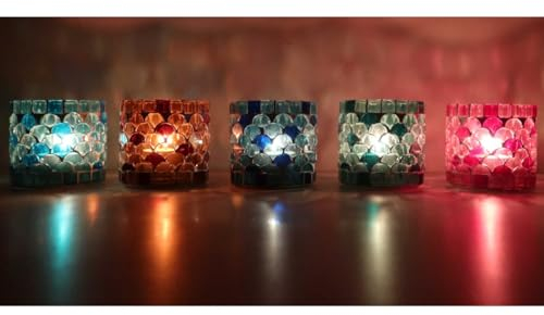 Mosaik Glas Windlicht Athen S 5ER Set Ø 8cm rund in 5 Farben Muttertag Ostern Deko Teelichthalter orientalisch bunt marokkanische Kerzenleuchter wie aus 1001 Nacht WZ777-S
