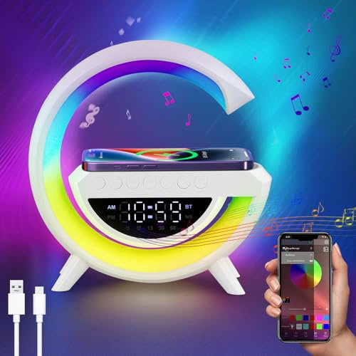Wireless Charger Atmosphere Lamp, Sunrise Alarm Clock Wake Up Light with Bluetooth Speaker, LED Bedside Night Lamp, RGB Color Changing, Dimmable Night Light for Bedroom, G Speaker Lamp, App Control