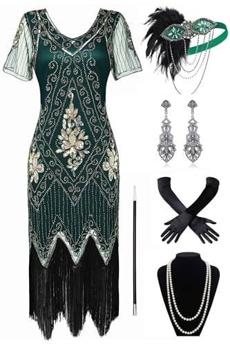 BABEYOND 1920-tals damklänning med kortärmade Gatsby temafest damkostym klänning, set – mörkgrön, S