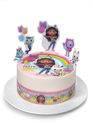 Kardasis Gabby's Chat Dessus de Gâteau et figurines en papier | Disque Azyme comestible pour gâteaux | Décoration de gâteau pour l'anniversaire à thème | 20cm + 4 bandes 28x4cm + 5 figurines
