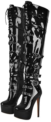 blingqueen Women's Platform Thigh High Boots with Zipper Lace Up Stiletto Heel Over The Knee High Boots