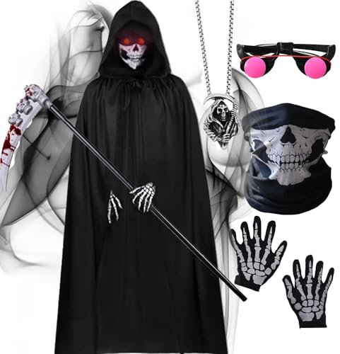 HarnyLoom Déguisement Faucheuse Enfant Adulte Scream Cape Faux Faucille Costume Grim Reaper Hooded Robe Garçon Couvre-chef de Squelettes Gants Lunettes Halloween (170 (170~185 cm))