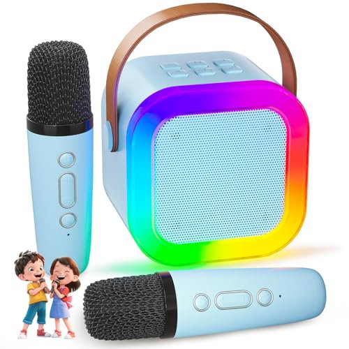 Micro Karaoke Enfant IROO Karaoke Enfant avec 2 Microphones, Microphone pour Filles Cadeaux pour Enfants Enceinte Bluetooth Portable avec Effets de Changeur de Voix et Lumières LED (Bleu)