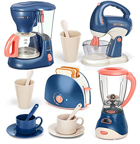 kramow Kinder Küche Spiel Set, Rollenspiel Küchengerät Spielzeug Küchenzubehör Set mit Kaffeemaschine, Mixer, Mixer, Toaster Pretend Küche pädagogisches Spielzeug für Kinder 3+ (Blau)
