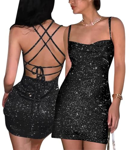 AOWVUTS Robe Paillettes Femme Mini de Soiré Dos Nu Bretelles Spaghetti Wrap Sexy Courte Moulante Dresses Elegant Bodycon Stretch Casual pour Club Cocktail Party