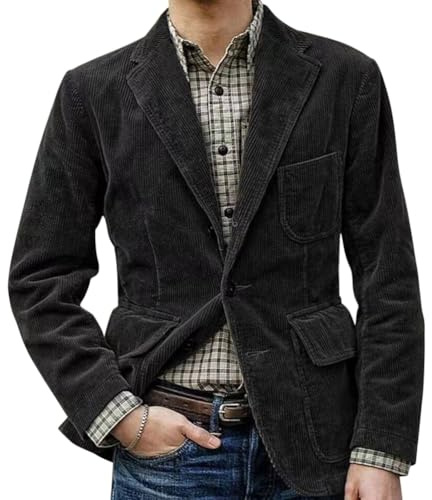 Oanviso Veste Vintage en Velours Côtelé pour Homme Coupe Ajustée Blazer à 2 Boutons Jacket Veste De Costume à Revers avec Bouton Veste A-Noir XL