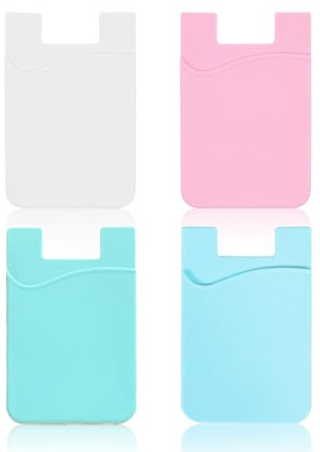 Vilbocr 4Pack Adhesive Phone Card Holder Phone Card Holder Stick on,Silicone Self Adhesive Card Holders for Back of Phone,Phone Wallet Stick on for Cell Phone,for Credit Card (White Pink Blue Green)
