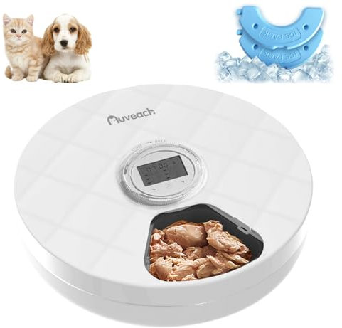 Auveach Automatic Cat feeder Wet Food with Timer Automatic Dog Cat Feeder Dispenser Refrigerated with 2 Ice Packs 6 Meals up to 200g Wet and Dry Pet Food in Each (ABS Tray)