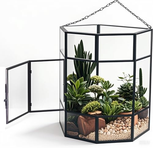 Homtone Hexagon terrarium i glas med upphängningskedja 17 x 10 cm i mässing och härdat glas, sidodörr för enkel vård, ett bra val som present