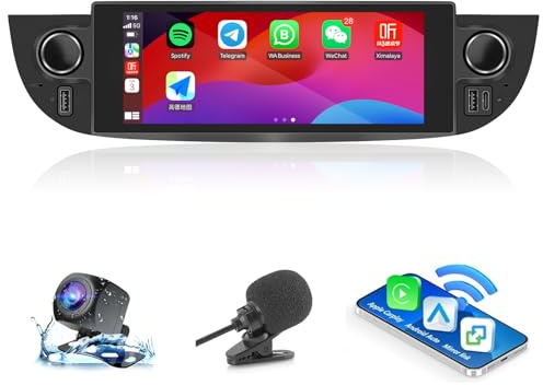 Autoradio per Fiat 500 (2007-2015) con Android Auto e CarPlay Wireless, RDS Car Radio Android Stereo[2G+32G] con Telecamera Retromarcia/Mic/Canbus BOX/Porta USB/Installazione App(Black)