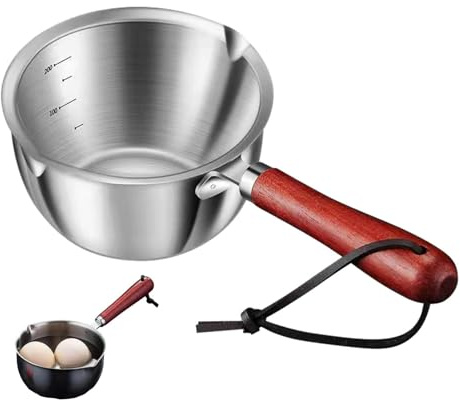 Butter Warmer Pot, Small Cast Iron Basting Pot with Wooden Handle Stainless Steel Multi Purpose Cooking Pot for Milk, Coffee(300mL)