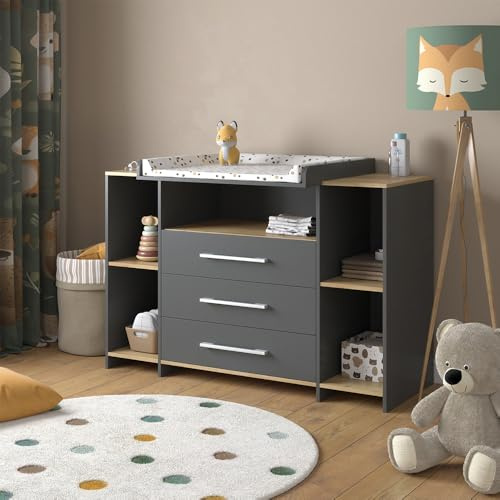 Vicco Changing unit Oskar, Anthracite/golden oak, 143.2 x 93 cm with 3 drawers, suitable as a changing station with expandable storage area